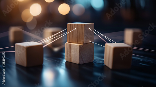 A visually striking, softly-lit image of wooden blocks connected by thin ropes, representing teamwork, unity, and human interaction in a physical, tangible way