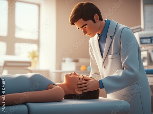 Doctor gently examines patient lying supine during consultation at bright clinic offering medical service
