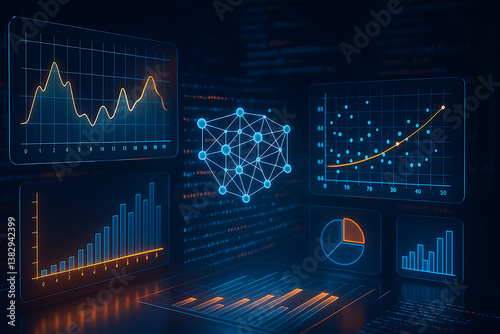 futuristic data visualization interface with glowing charts graphs and neural network nodes representing analytics performance metrics artificial intelligence and big data processing