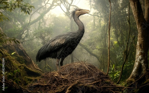 An enigmatic Aepyornis emerges from the misty gloom of the forest, its prehistoric appearance evoking a sense of wonder and fascination photo