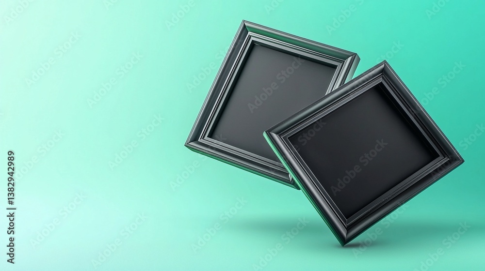 Fototapeta premium Two framed canvases float over a light green surface, catching the light