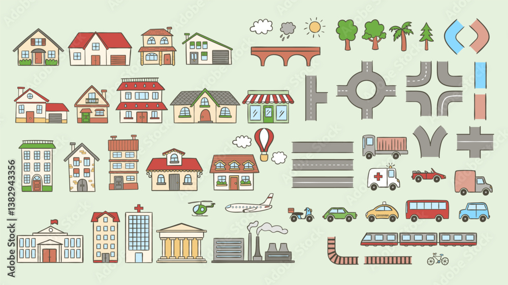 Cute hand-drawn city map creator set. Create beautiful city designs, perfect for decorating surfaces, prints and crafting projects. A total of 58 items: buildings, roads, rivers, transport, and more. Cute hand-drawn city map creator set. Create beautiful city designs, perfect for decorating surfaces, prints and crafting projects. A total of 58 items: buildings, roads, rivers, transport, and more.