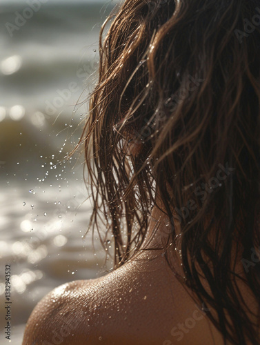 Woman's hair on the beach. Wet hair close up image. Hair damage due to salty ocean water and sun, summertime hair care concept. 