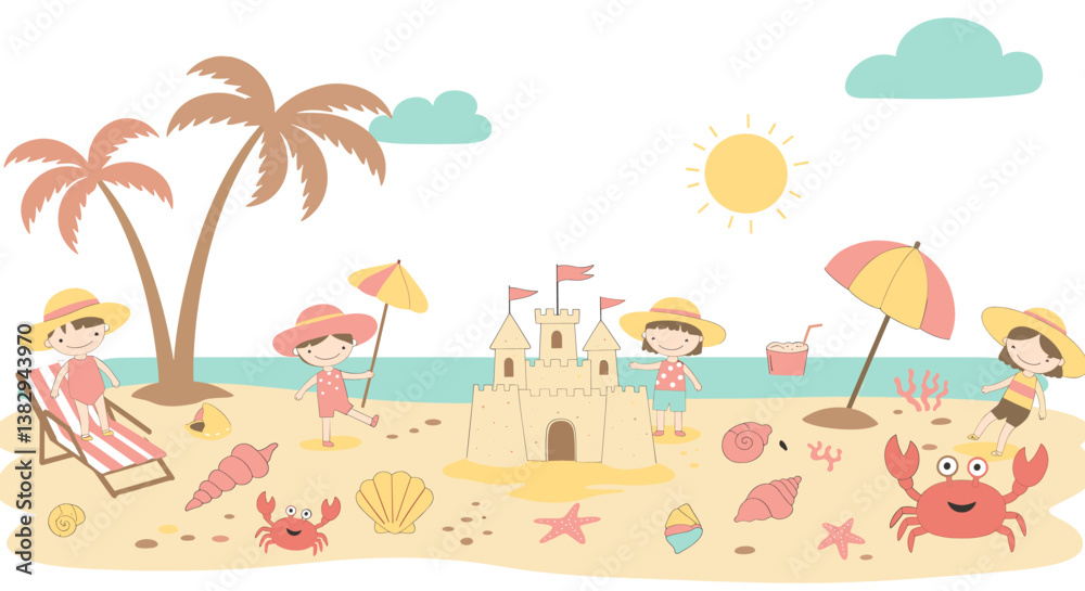 Obraz premium Cute Summer Beach Day Flat Doodle Vector