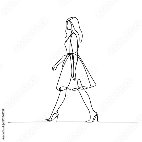 Fashion model walking in a stylish dress line drawing  