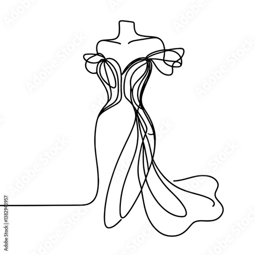 Elegant line drawing of a fashion gown on a mannequin  