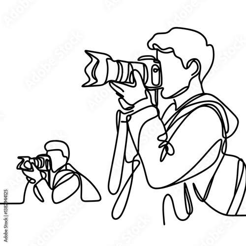 Line drawing of two photographers working taking pictures against a white background