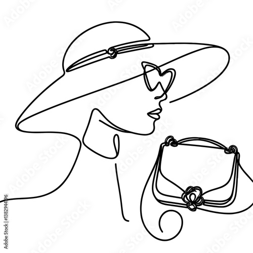  Line drawing portrait of a woman fashionable wearing hat, sunglasses and holding purse against a white background
