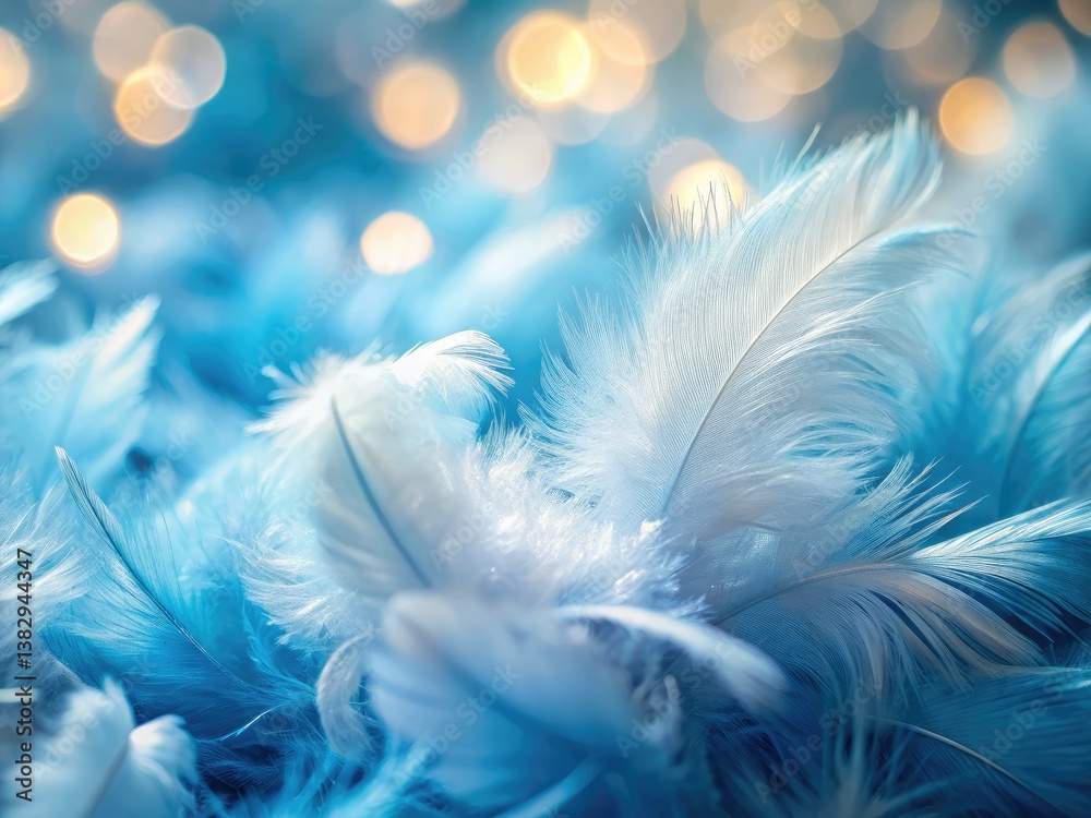 Obraz premium Dreamy blue and white feathers, softly focused, showcasing delicate textures and airy elegance in calming macro shots.