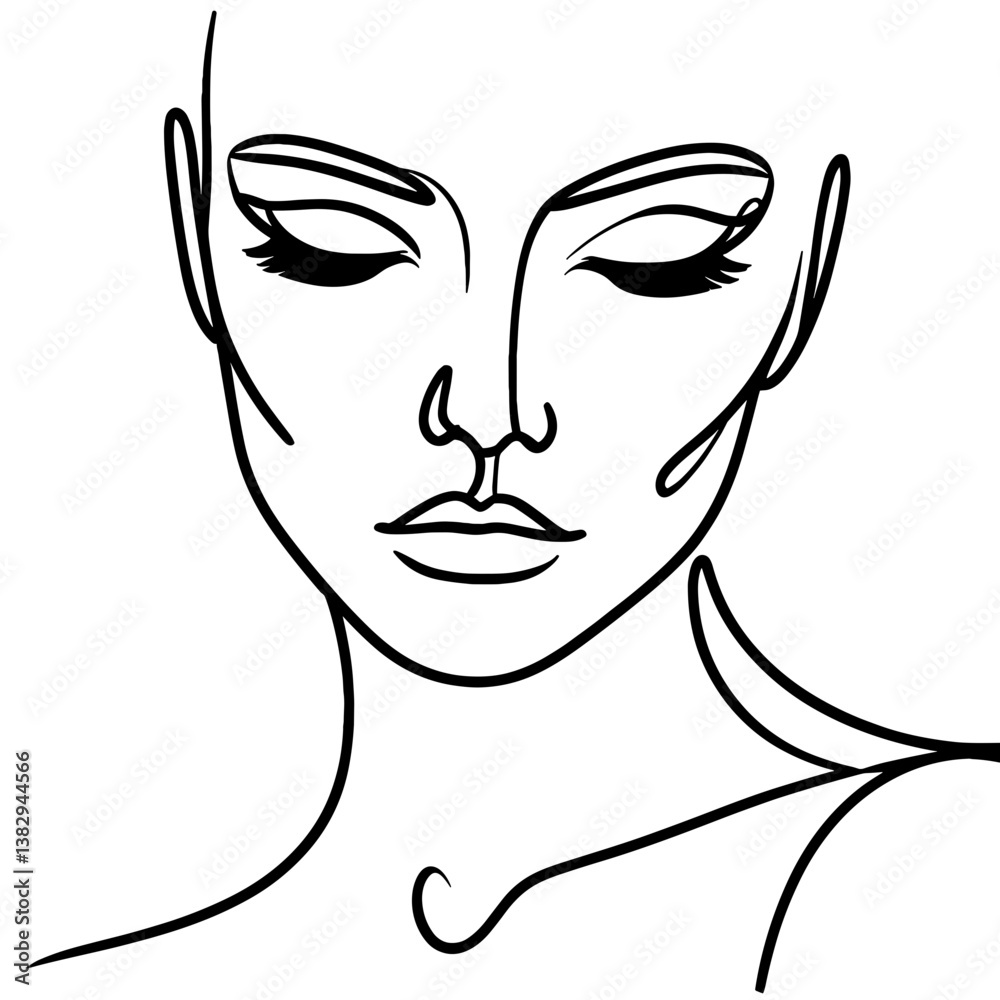 Elegant line drawing close-up of a serene female face with eyes closed in minimalistic style Elegant line drawing close-up of a serene female face with eyes closed in minimalistic style