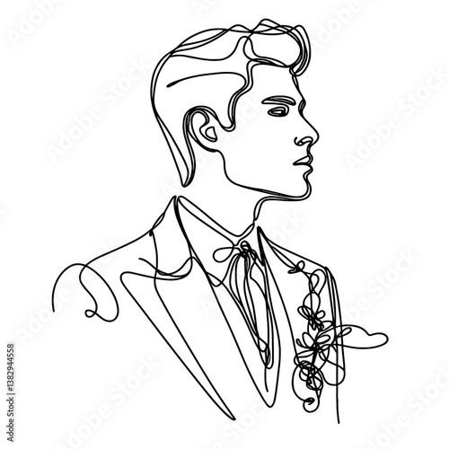 Line drawing portrait of a man romantic wearing suit with boutonniere against a white background