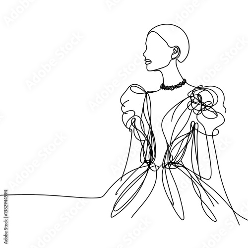 Line drawing of a woman regal wearing an elaborate gown against a white background