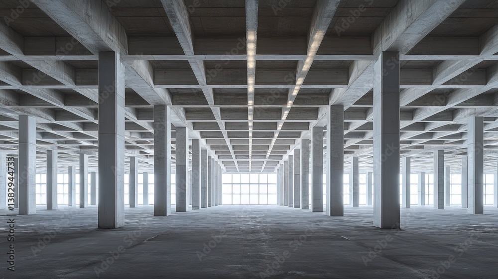 A vast, echoing expanse of concrete pillars and beams, bathed in soft, diffused light from high windows, creating a sense of quiet contemplation and potential. A vast, echoing expanse of concrete pillars and beams, bathed in soft, diffused light from high windows, creating a sense of quiet contemplation and potential.