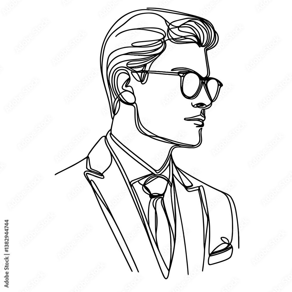 Line drawing of a man sophisticated wearing glasses and suit against a white background Line drawing of a man sophisticated wearing glasses and suit against a white background