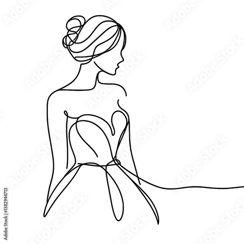 Line drawing of a woman elegant in a strapless gown looking profile against a white background