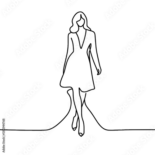 Fashion model confident walking forward in a dress on runway in minimalist line drawing  