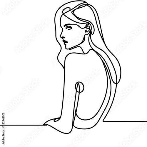 Line drawing of a woman thoughtful looking over shoulder against a white background