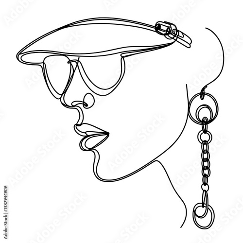 Line drawing of a woman's face stylish wearing hat and sunglasses against a white background