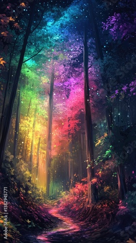 Magical rainbow forest path, enchanting night scene