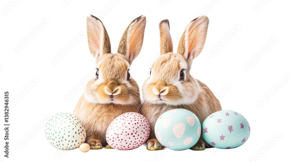 Obraz premium Easter rabbits with painted eggs, isolated on black, cut out transparent