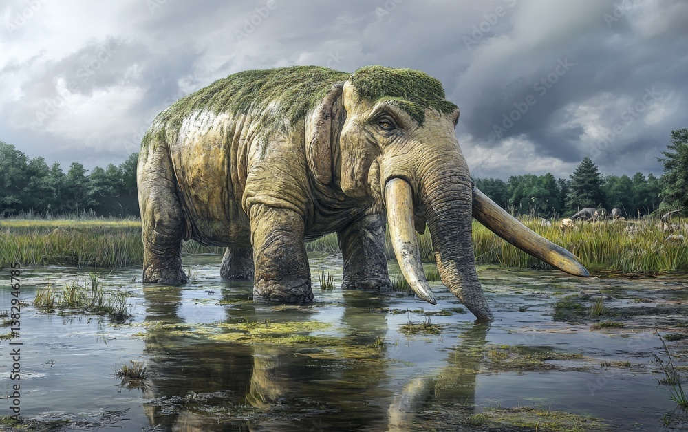 Fototapeta premium A Platybelodon individual lowers its massive, shovel-like lower jaw to drink from the serene, mirror-like surface of forest watering hole, its wrinkled skin and imposing presence commanding attention.