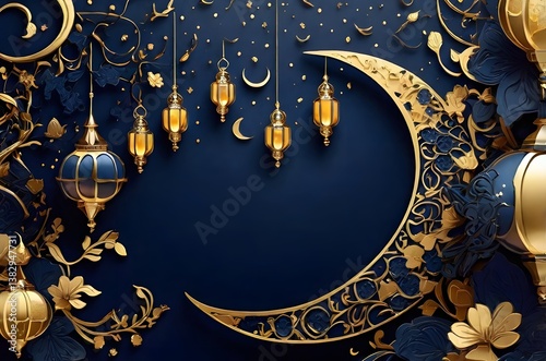 Modern flat design illustration for Ramadan Kareem with hanging lanterns, a crescent moon, stars, and mosque silhouette in a cool teal.