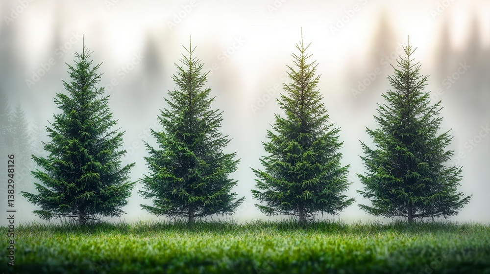 Obraz premium Foggy forest with four evergreen trees. Peaceful morning scene. Background use