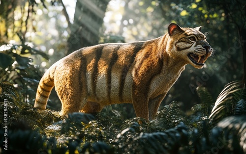 A Thylacosmilus, the apex predator of its time, crouches low in the shadows, its intense gaze fixed on a potential target as it prepares to pounce and dispatch its unsuspecting prey