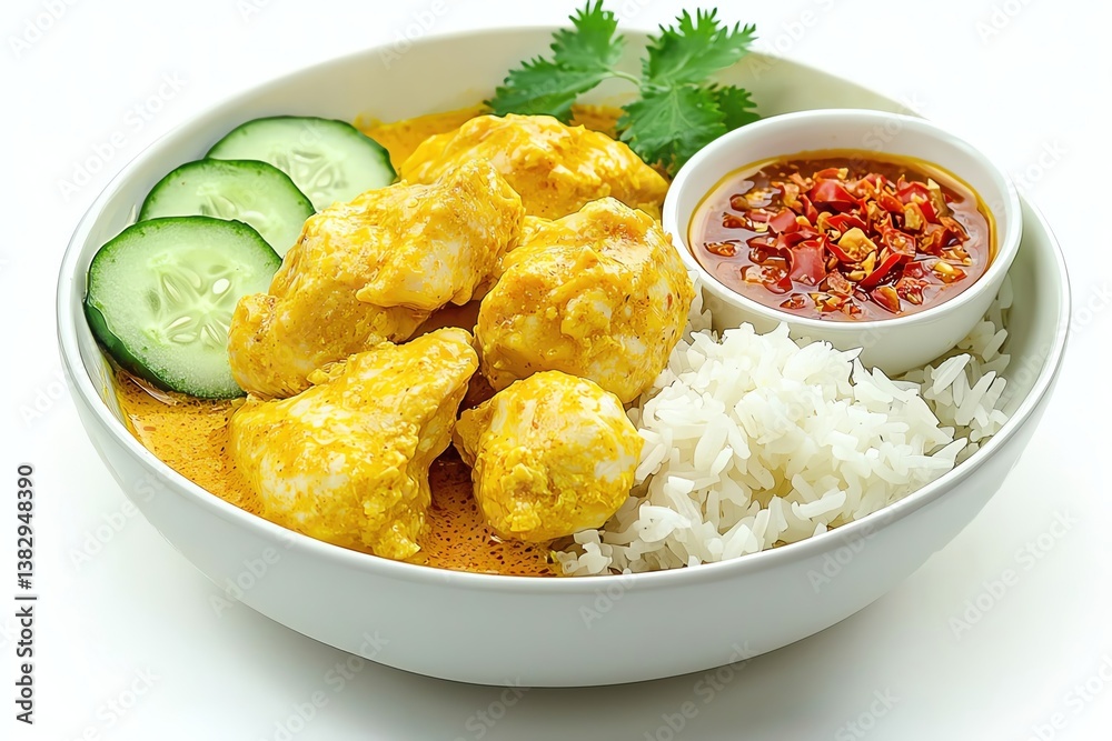 Delicious bowl of curry with crispy fritters, rice, fresh cucumbers, and spicy dipping sauce, perfect for a flavorful meal. Delicious bowl of curry with crispy fritters, rice, fresh cucumbers, and spicy dipping sauce, perfect for a flavorful meal.