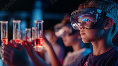 Obraz na płótnie Children in a high-tech learning hub using augmented reality headsets to conduct virtual chemistry experiments, safely mixing glowing substances in mid-air w salonie