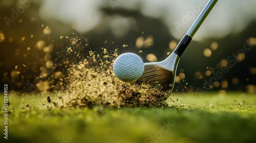 A close-up of a golf club striking a ball, captured mid-motion with a spray of grass and dirt.