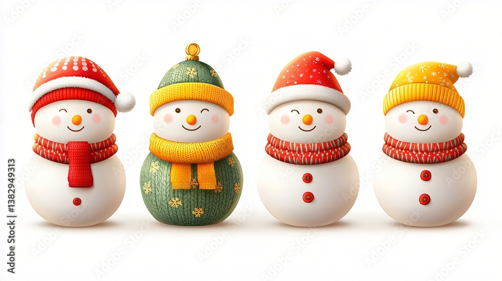 Four cheerful snowmen in winter hats and scarves. Holiday greeting card design Four cheerful snowmen in winter hats and scarves. Holiday greeting card design