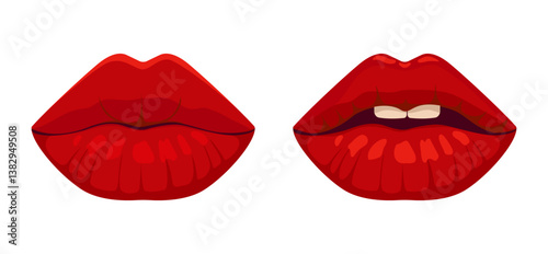 Red female lips Vector illustration of closed and semi-open lips, concept of love, sexuality and beauty. Isolated on white background