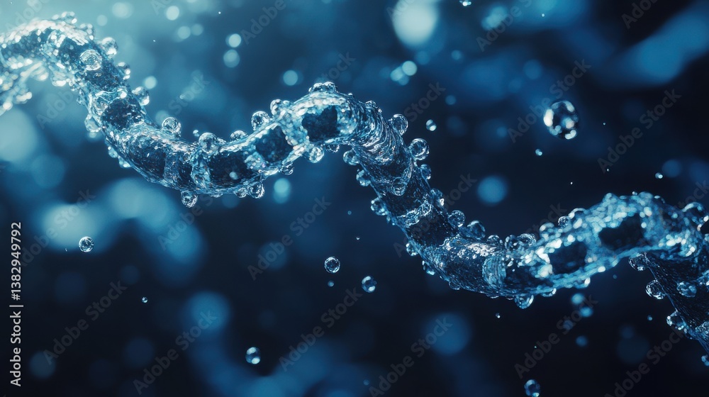 A closeup of the dna chain from pure water. Creative concept for moisturizing cosmetics, hyaluronic acid, intensive hydration wallpaper. Generative AI 3d render imitation. A closeup of the dna chain from pure water. Creative concept for moisturizing cosmetics, hyaluronic acid, intensive hydration wallpaper. Generative AI 3d render imitation.