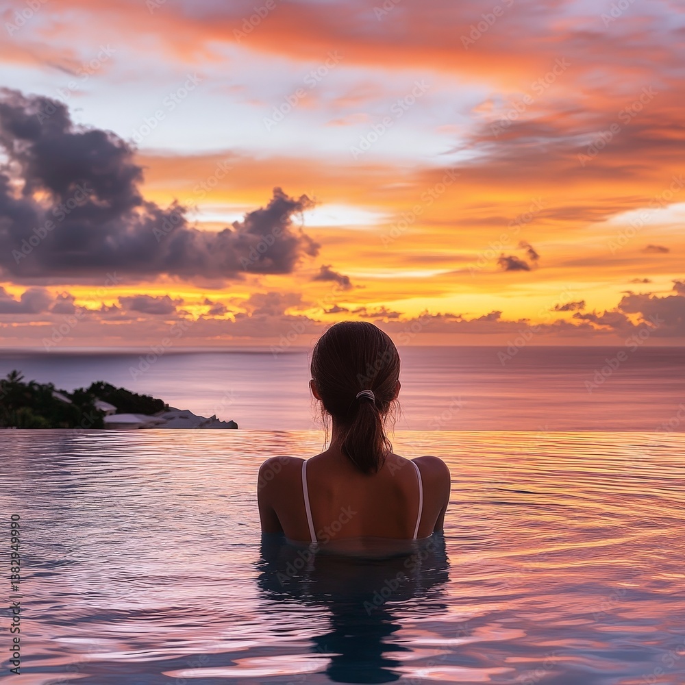 Sunset Poolside Luxury with Woman Relaxing Over the Ocean Horizon Sunset Poolside Luxury with Woman Relaxing Over the Ocean Horizon