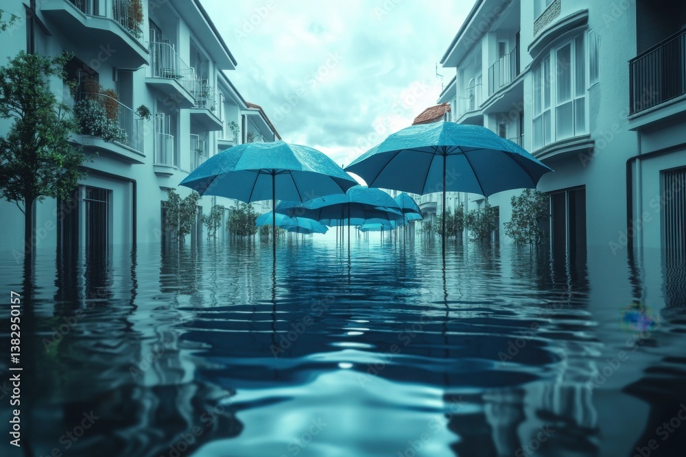 Obraz premium House covered with blue umbrella to protect it from rain and storm. Concept of home insurance. Ai generative