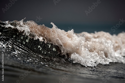 Macro of crashing wave, textured like a neural pulse or living current, visualizing motion as part of nature’s fluid networked intelligence.