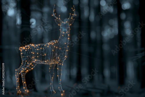Digital deer silhouette illuminated by neural network-style lights in a misty forest, blending nature and technology with a surreal, futuristic aesthetic.
