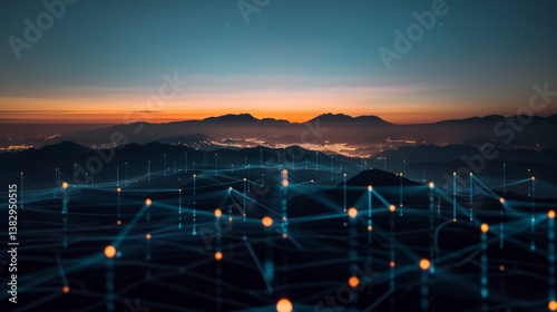Digital network lines glowing at sunset over a valley, merging natural landscapes with futuristic AI-inspired connections and data visualization.