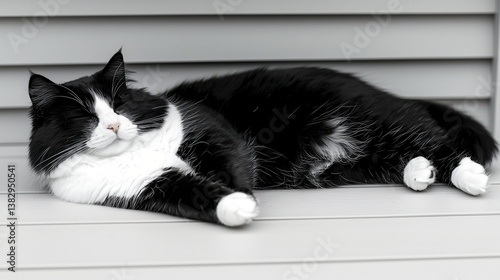 Fluffy tuxedo cat naps outdoors on bench