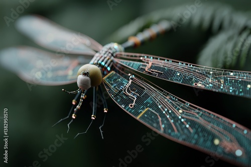 Dragonfly on leaf, wings highlighted with subtle glowing lines resembling neural data paths, fusing natural beauty with technological patterns.