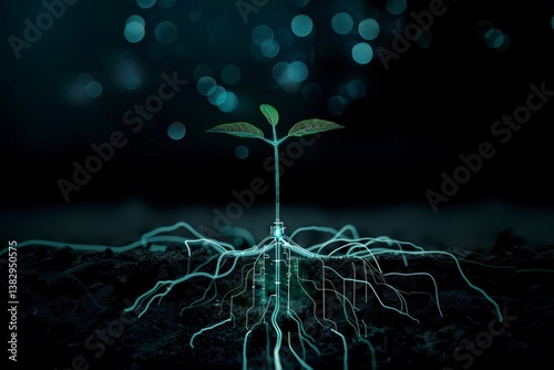 Sprout glowing in dark soil, roots shaped like a neural network, representing the deep biological connectivity that mirrors artificial intelligence.