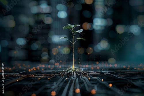 Small plant sprouting from digital soil, glowing with neural energy, metaphor of growth, AI, organic intelligence and interconnected systems.