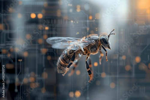Honeybee hovering in digital cityscape, symbolizing natural pollination systems merged with smart technology and neural-inspired architecture.