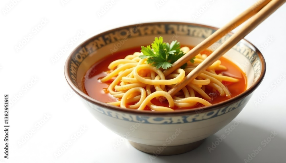 Close-up of ramen bowl, chopsticks, isolated on white, japanese cuisine, bamboo, spring onion Close-up of ramen bowl, chopsticks, isolated on white, japanese cuisine, bamboo, spring onion