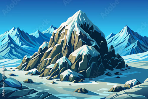 panoramic view to the majestic Matterhorn mountain illustration cartoon, snowy landscape