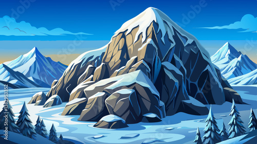panoramic view to the majestic Matterhorn mountain illustration cartoon, snowy landscape