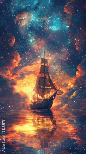Majestic ship sails cosmic ocean sunset