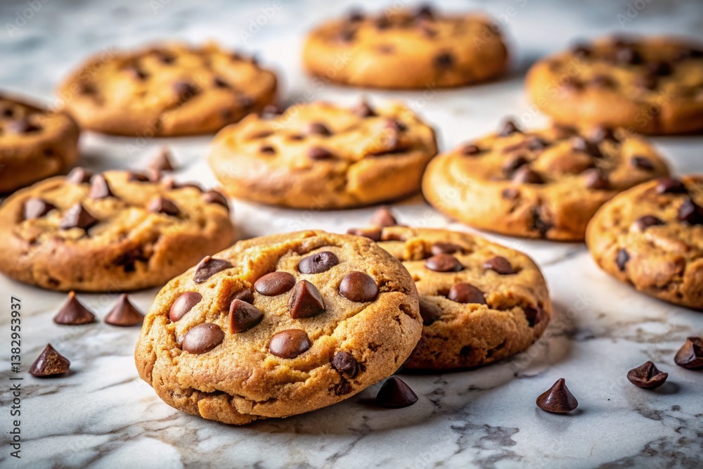 Warm, Gooey Chocolate Chip Cookies Cooling on Marble - Delicious Homemade Treat Stock Photo Warm, Gooey Chocolate Chip Cookies Cooling on Marble - Delicious Homemade Treat Stock Photo
