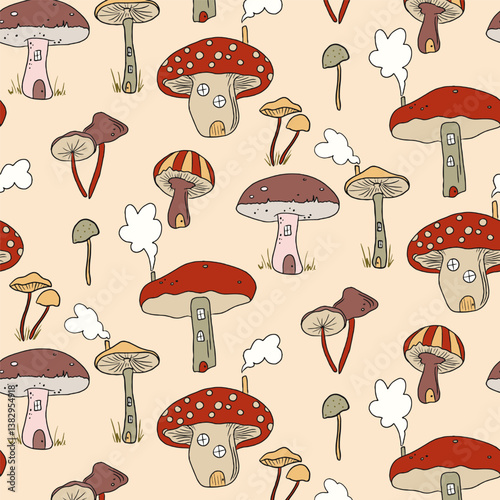 Mushroom pattern with cute mushroom houses. Warm autumn colors on soft yellow background. Fairytale mushrooms, magic autumn